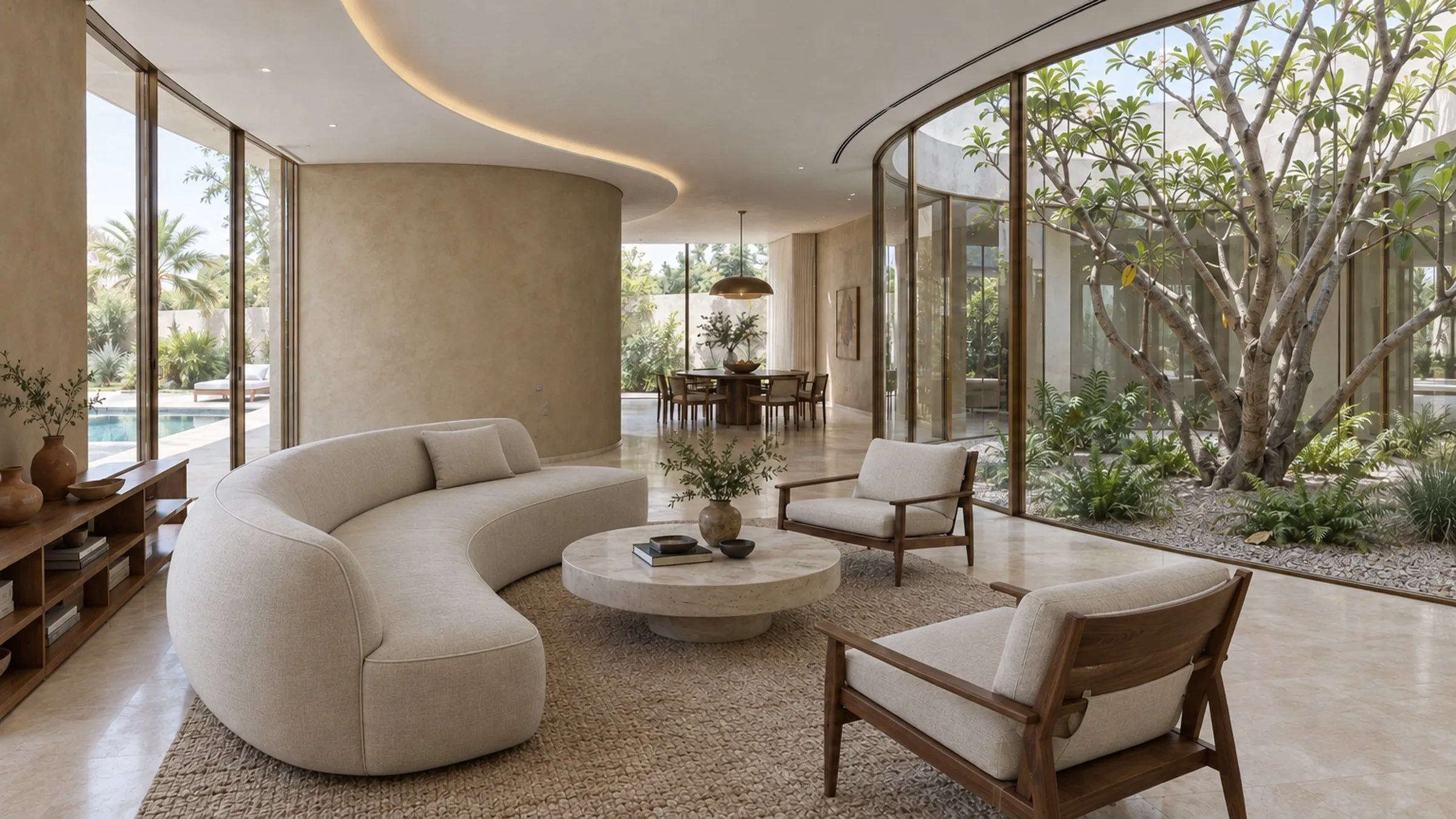 Living room with a curved off-white sofa and a travertine coffee table, looking through glazing to the courtyard garden