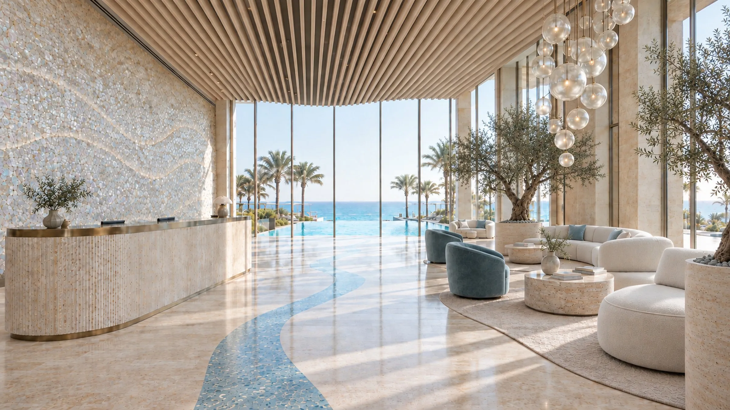 Hotel lobby with a fluted travertine reception desk, bleached oak ceiling baffles and a sea-glass terrazzo band leading to the infinity pool
